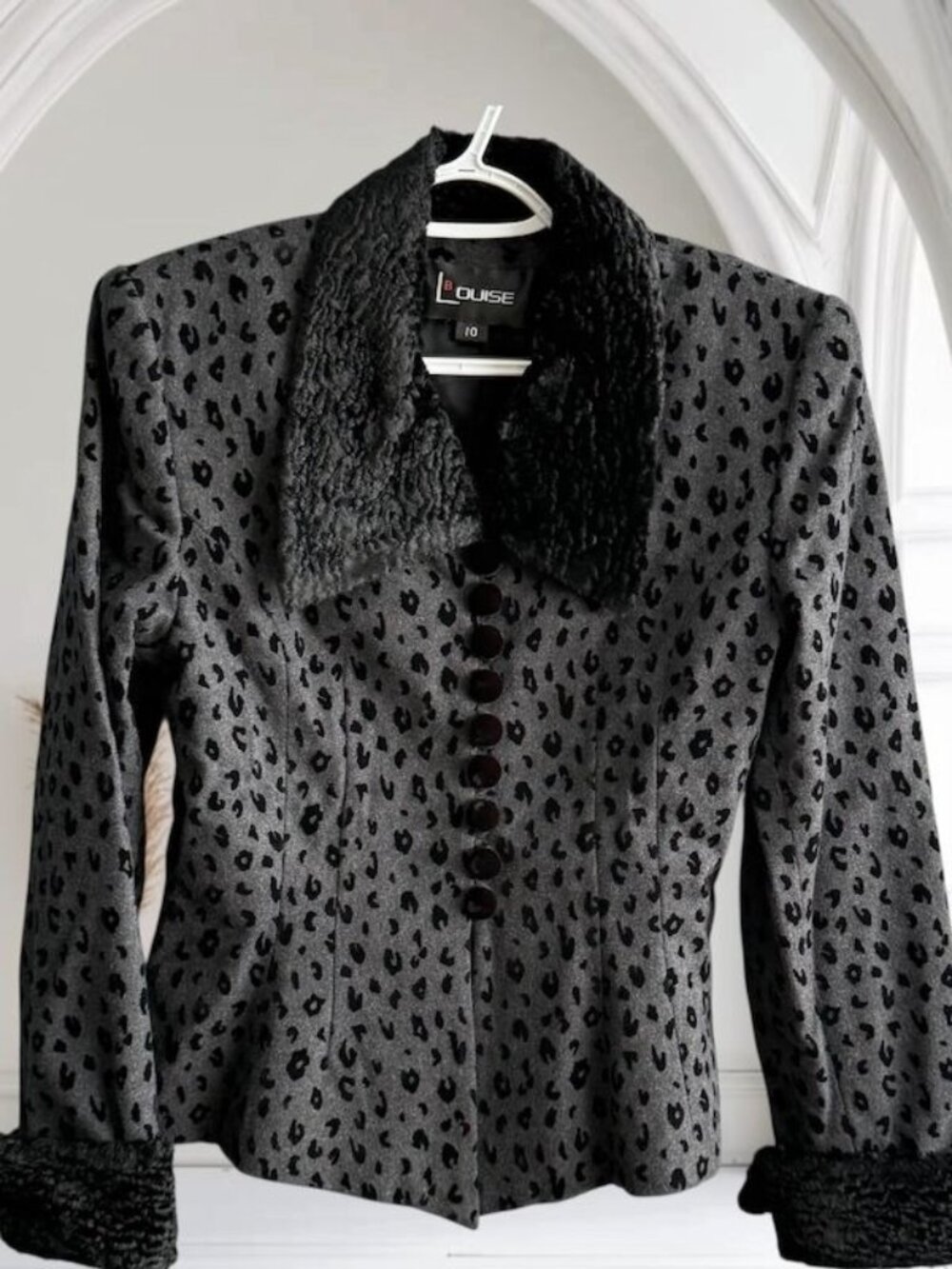 B Louise Womens Blazer 10 Black Poodlecloth Animal Print French Cuff Faux Jacket